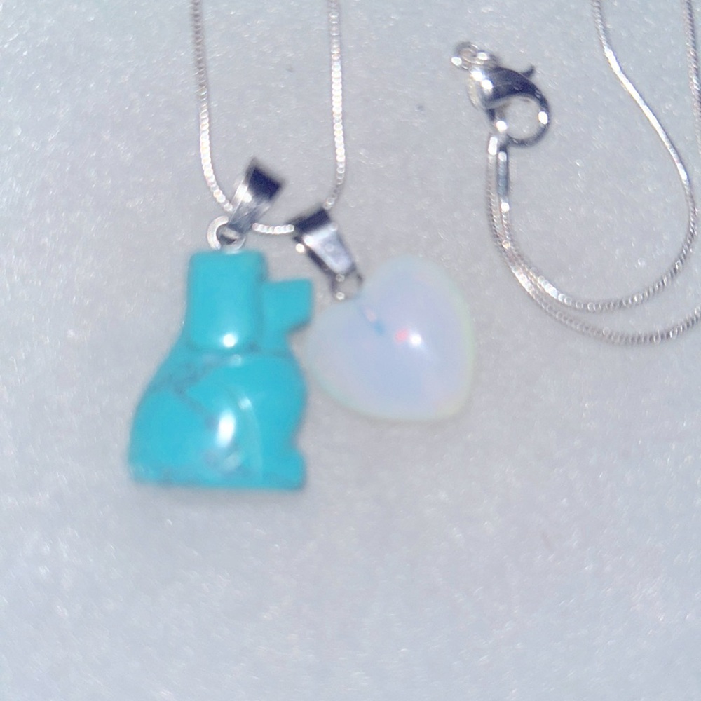 Boho Hippie Turquoise Dog and Opal Heart Sterling Silver Necklace 16”